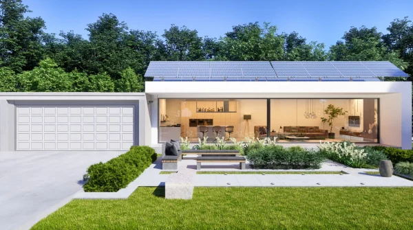 Moderner Flachbau-Bungalow mit großem Fenster, Solaranlage auf dem Dach und gepflegtem Vorgarten