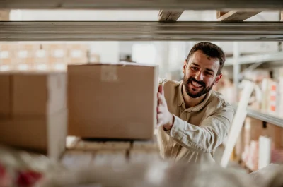 Mitarbeiter im Lager greift nach einem Paket – Symbolbild für Transport und Logistik im Zusammenhang mit der Verkehrshaftungsversicherung