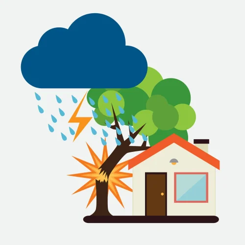 Symbolgrafik: Haus wird durch umstürzenden Baum bei Unwetter beschädigt – Blitz, Regen und Sturmschaden als Illustration