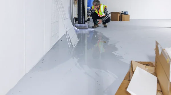Techniker in Warnweste kniet vor Wasserlache in Lagerraum nach einem Wasserschaden