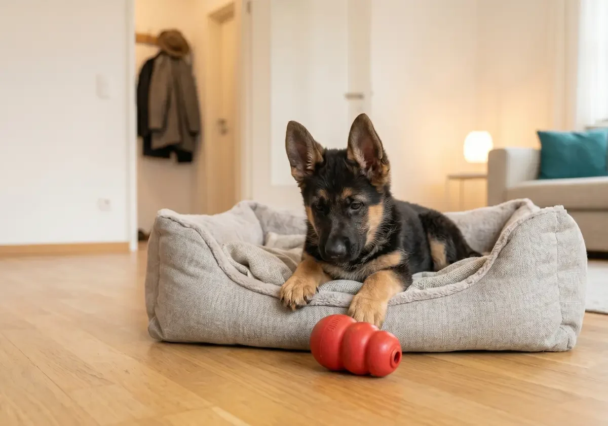 Junger Schäferhund-Welpe sitzt ruhig und entspannt allein in einer Wohnung und wartet auf seine Halterin