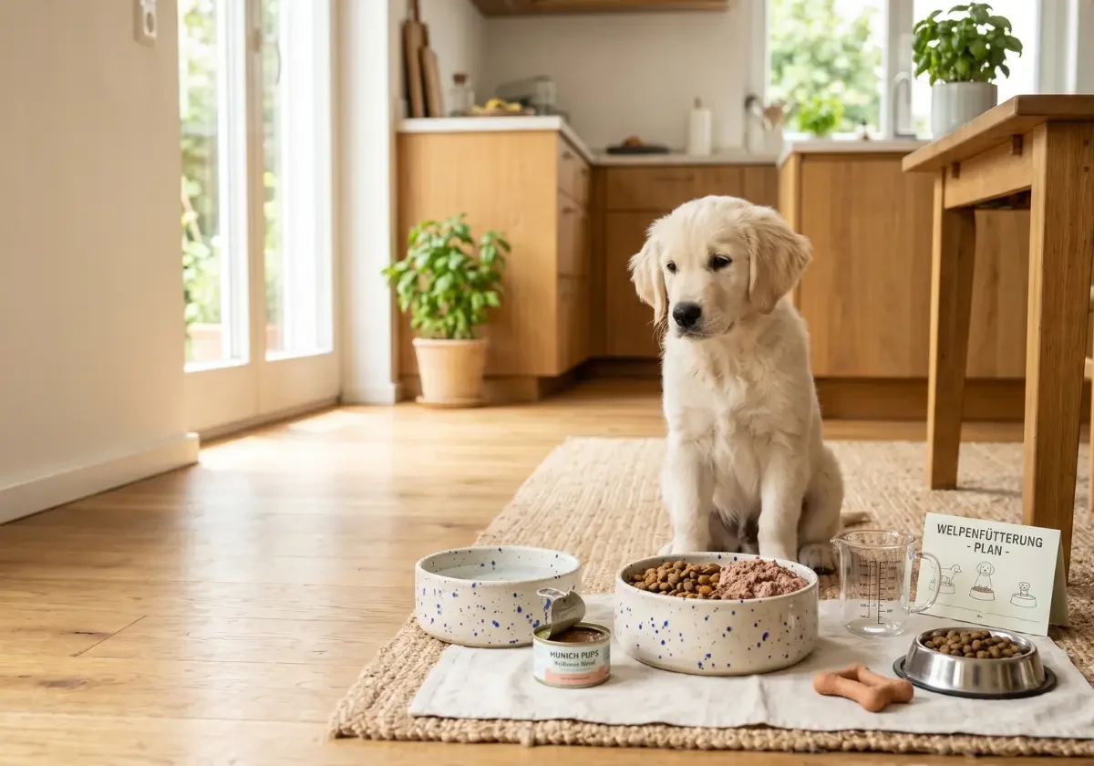 Weißer Golden Retriever Welpe sitzt auf einem Jutenteppich in einer hellen Küche vor Schüsseln mit Trockenfutter und Nassfutter sowie einem Welpenfütterungsplan