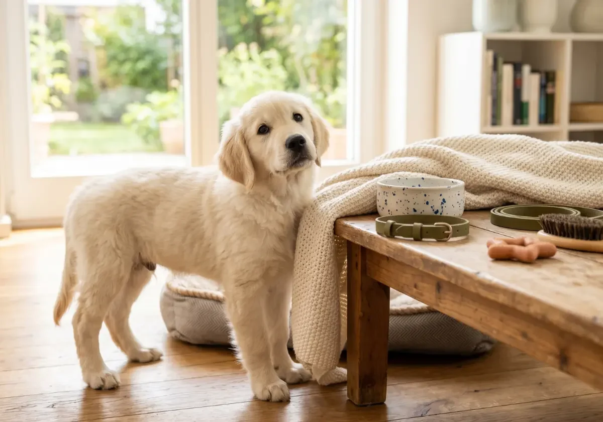 Weißer Golden Retriever Welpe steht in einem hellen Wohnzimmer neben einem Holztisch auf dem Napf, grünes Halsband, Leine, Bürste und Leckerlis als Welpen-Erstausstattung angeordnet sind
