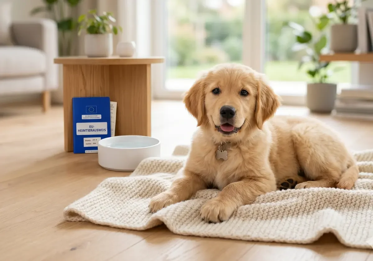 Golden-Retriever-Welpe auf Decke mit Futternapf und EU-Heimtierausweis im Wohnraum